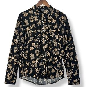 Lauren Ralph Lauren XL Blouse Black Tan Floral Button Up Stretch Gold Old Money